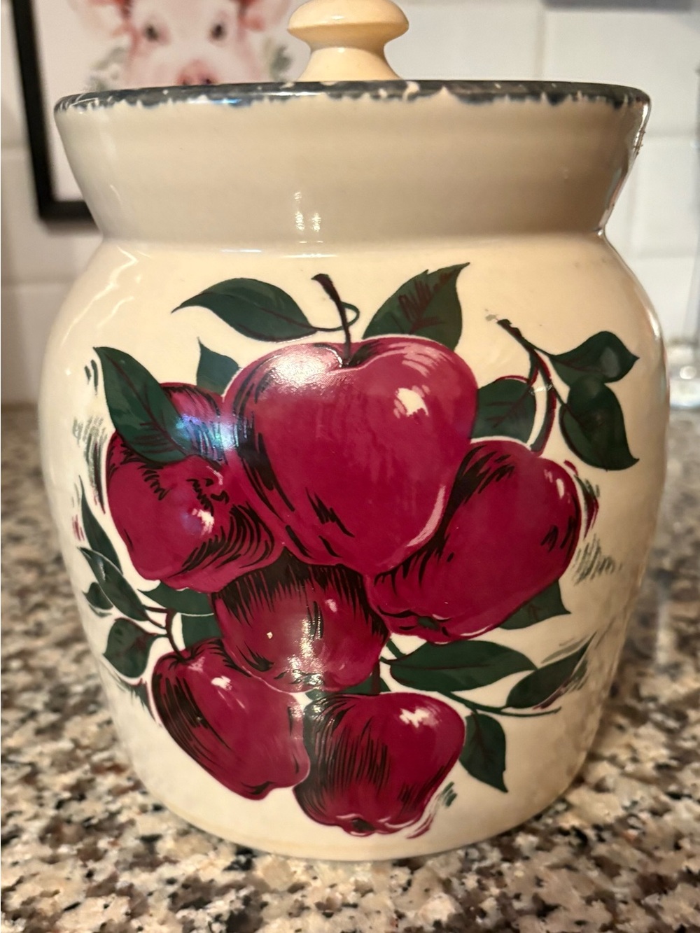 Cream Ceramic Canister with Red Apple Motif - Vintage Style